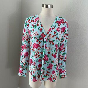 Ann Taylor Womens Small Floral Strawberry Cherry Mixed Media Pleat Top Blouse